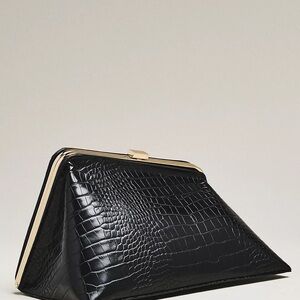 Anthropology Black Croc-Embossed Pyramid Clutch with Gold Trim
